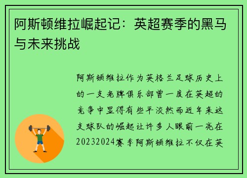阿斯顿维拉崛起记：英超赛季的黑马与未来挑战